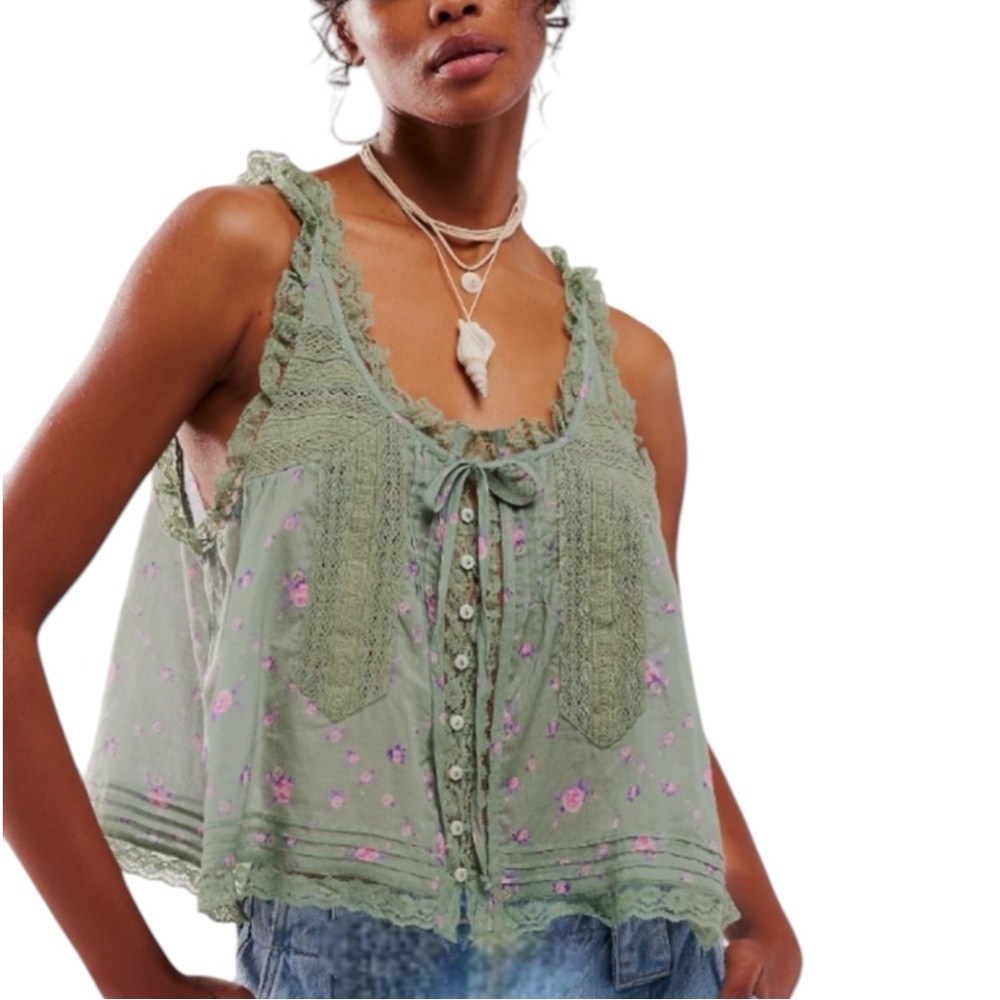 New FREE PEOPLE Forevermore Sheer Lace Floral Print Top Meadow Green Sz L - Picture 3 of 15